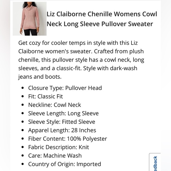 NWOT Liz Claiborne Chenille Womens Cowl Neck Long Sleeve Pullover Sweater Small - Picture 4 of 9